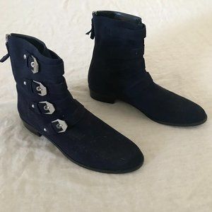 Stuart Weitzman  Blue Suede Studded Moto Boots